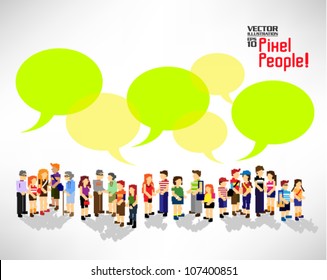 A Large Group Of Pixel People With Talking Bubble Vector Icon Design