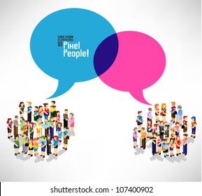 a large group of pixel people with talking bubble vector icon design