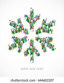 Large group of Santa Clauses, snowmen, deer, trees and snow maidens stand in the figure of a snowflake. Vector illustration on white background. Concept of a holiday card for the new year.