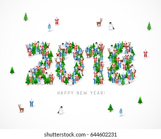 Large group of Santa Clauses, snowmen, deer, trees and snow maidens stand in the figure 2018. Vector illustration on a white background. Concept of a holiday card for the new year.