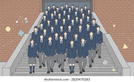 Large group of school students in uniform walking down wide concrete stairs in front of brick building.