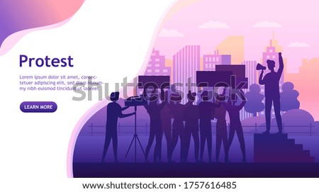 Large group of silhouetted people protesting with placards in a city environment with one protester on a megaphone, colored vector illustration