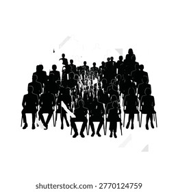 A large group of silhouetted people seated in a conference or meeting