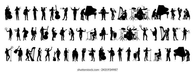 Large group silhouettes set of musicians playing various musical instruments vector collection.	