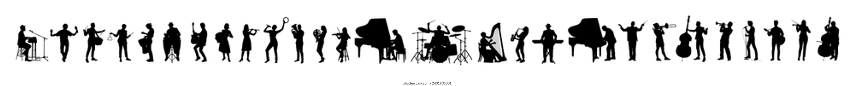 Large group silhouettes set of musicians playing various instruments vector collection. Musicians performing with various musical instruments silhouettes.	