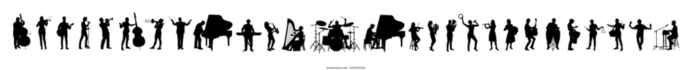 Large group silhouettes set of musicians playing various musical instruments vector collection.