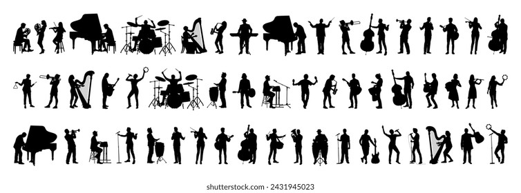 Large group silhouettes set of musicians playing instruments vector collection.