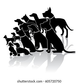  Large group of sitting and standing dog silhouettes. EPS 10 vector.