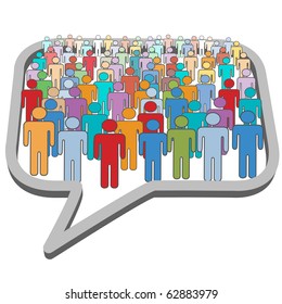 A large group of social media people meet inside a communication speech bubble