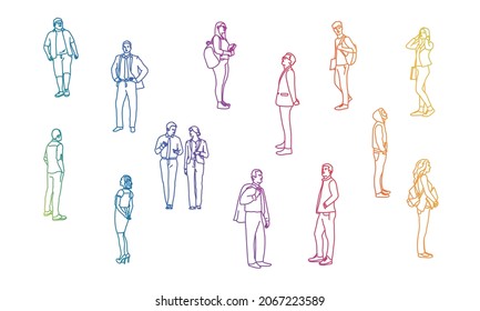 Large group of standing people. Rainbow color. Sketch vector illustration.