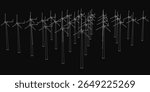 A large group of tall, slender wind turbines stands against a stark black background, creating a striking contrast. The clean white towers dominate the dark space, emphasizing renewable energy.
