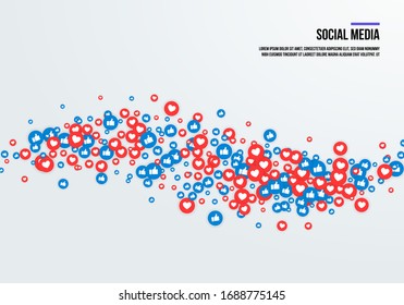 Large group of thumbs up and heart icon flying on white background. social media love and like background. vector illustration