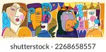 Large group of various people abstract face portrait hand drawn, shapes, line, doodle and colorful vector illustration. Modern design for wall art, home decoration, cover, poster, cards and prints.