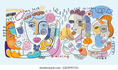 Large group of various people abstract modern, line, shapes, doodle, hand drawn vector illustration.