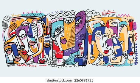 Un gran grupo de personas abstractas, modernas, de líneas, formas, garabatos, ilustraciones vectoriales dibujadas a mano.