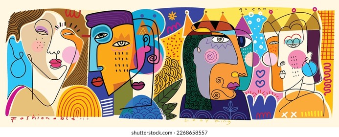 Large group of various people abstract face portrait hand drawn, shapes, line, doodle and colorful vector illustration. Modern design for wall art, home decoration, cover, poster, cards and prints.