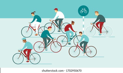 Large group of young people riding bicycles on busy street. Sports outdoor activity. Flat vector illustration