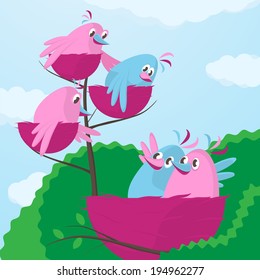 Large growing family - a cute little pair of cartoon birds in pink and blue sitting with their wings around each other viewing their three offspring in smaller nests on higher on the branch