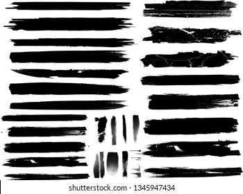 Large Grunge Paint Roller Set. Vector brush Stroke . Distressed banner . Black stripes isolated. Big paintbrush collection . Modern Textured shape . Dry border in Black . Bulge lines