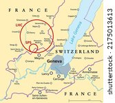 Large Hadron Collider (LHC) and Super Proton Synchrotron (SPS), political map. Position of worlds largest and highest-energy particle collider near Geneva beneath the border of France and Switzerland.