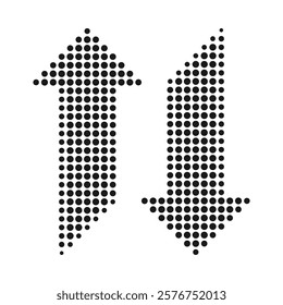 Large halftone dots, up-down arrows. A vertical black direction symbol. Isolated on a white background.