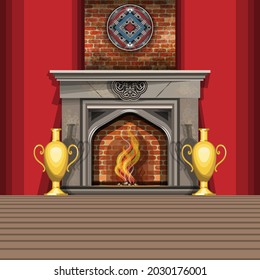 Large hall with a burning fireplace, two gold floor vases and a round decorative panel. Vintage interior. Vector illustration