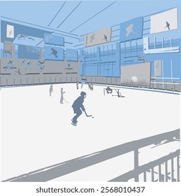 Large hall with ice for playing hockey. Players are shown schematically.