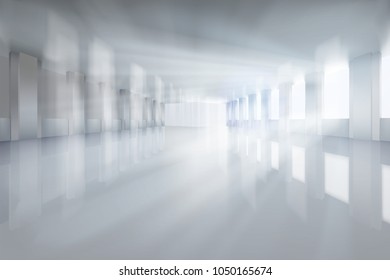 Large hall with the windows. Solar rays of light. Vector illustration.