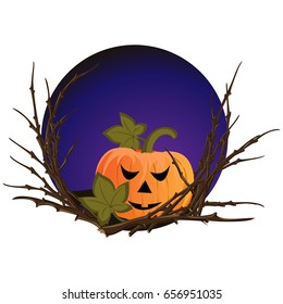 A large Halloween pumpkin surrounded by tree branches. Vector illustration can be used in newsletter, brochures, postcards, banner.