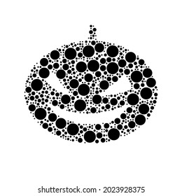 A large halloween pumpkin symbol in the center made in pointillism style. The center symbol is filled with black circles of various sizes. Vector illustration on white background