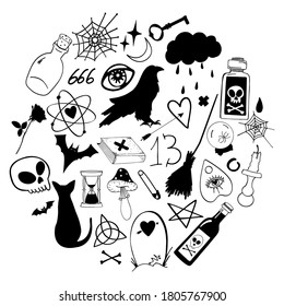 large halloween set. Hand drawn stock vector illustration. Witchcraft magic design collection.