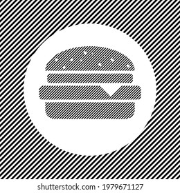 A large hamburger symbol in the center as a hatch of black lines on a white circle. Interlaced effect. Seamless pattern with striped black and white diagonal slanted lines
