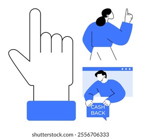 Large hand clicking, woman pointing upwards, man holding cashback sign in web window. Ideal for user engagement, e-commerce, online promotions, consumer rewards, digital transactions. Simple