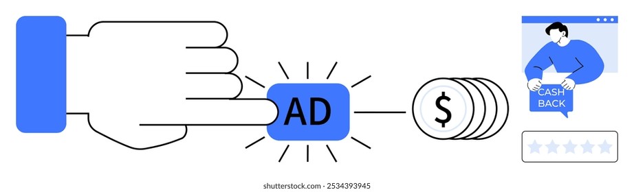 A large hand clicks on a button labeled AD leading to coin stacks and a person holding CASH BACK text below a computer screen. Ideal for online marketing product promotion revenue user engagement