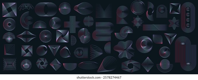 Large Hand drawn abstract mid century modern minimal mid century vector set in holographic colors . Aesthetic modern striped line art, geometric shapes in monochrome. Perfect design collection for