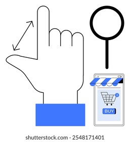 Große Handgeste nach oben, Lupe, die Suche anzeigt, und Mobiltelefon mit Kauf-Taste. Ideal für digitales Einkaufen, E-Commerce, Benutzeroberflächendesign, Funktionen für mobile Apps und Touch