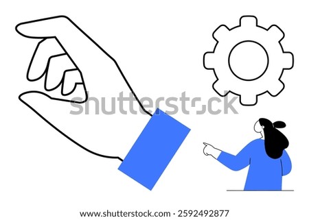 Large hand gesturing with fingers visible, gear icon symbolizing settings or mechanism, person pointing towards icon. Ideal for technology, guidance, user interface, setup themes, educational