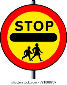 A large hand held 'Stop - Children' sign as used outside school buildings by traffic control monitors or 'lolipop' persons.