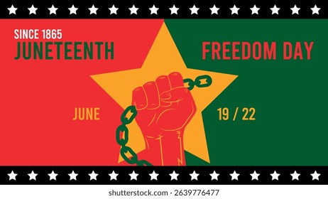 Large hand holding a raised chain against a Juneteenth themed background. Symbol of freedom and justice. Copy space included for a title, message or branding.