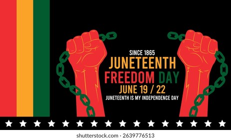 Large hand holding a raised chain against a Juneteenth themed background. Symbol of freedom and justice. Copy space included for a title, message or branding.