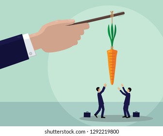 A large hand holds a carrot on a stick and two men try to get it. A metaphor on incentives, management and leadership.