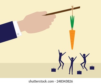 A large hand holds a carrot on a stick while his employees try to get it. A metaphor on management and leadership.