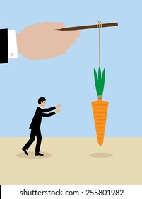 A large hand holds a carrot on a stick while his employees try to get it. A metaphor on management and leadership.