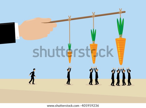 A large hand holds a carrots on\
a stick. A metaphor on management, incentive and\
leadership.