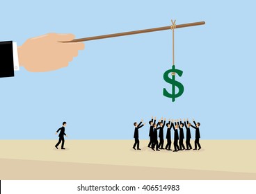 A large hand holds a Dollar symbol on a stick while employees flock around it. A metaphor on management, leadership, motivation and financial incentive.