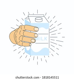 Una mano grande contiene un paquete de leche. Ilustración de publicidad de leche sobre fondo blanco