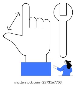 Large hand making a pointing gesture beside a wrench and a small person in blue pointing upwards. Ideal for DIY projects, tutorials, technical guides, repair services, home improvement. Minimalist