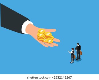 A large hand offers a pile of gold coins to two smaller figures, symbolizing a lucrative business opportunity or financial assistance 3d isometric vector illustration