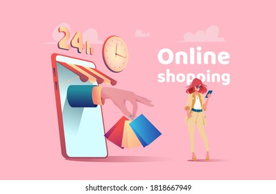 Large Hand From Phone Holds Packages With Purchases. There Is Kopeck Piece With Phone Nearby And Makes An Online Purchase. Concept Of Easy Payment And Delivery Of Goods. Online Shopping Metaphor