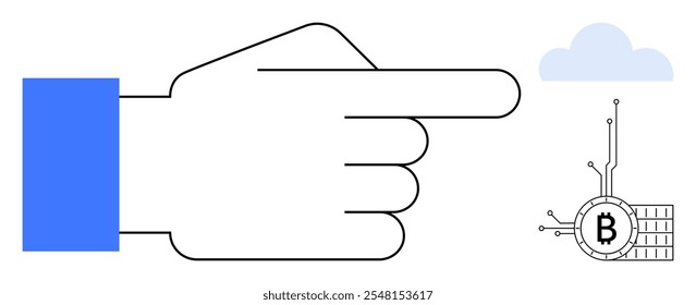 Large hand pointing right toward Bitcoin symbol and small cloud. Ideal for cryptocurrency, blockchain technology, digital finance, online transactions, and cloud computing themes. Minimalist style